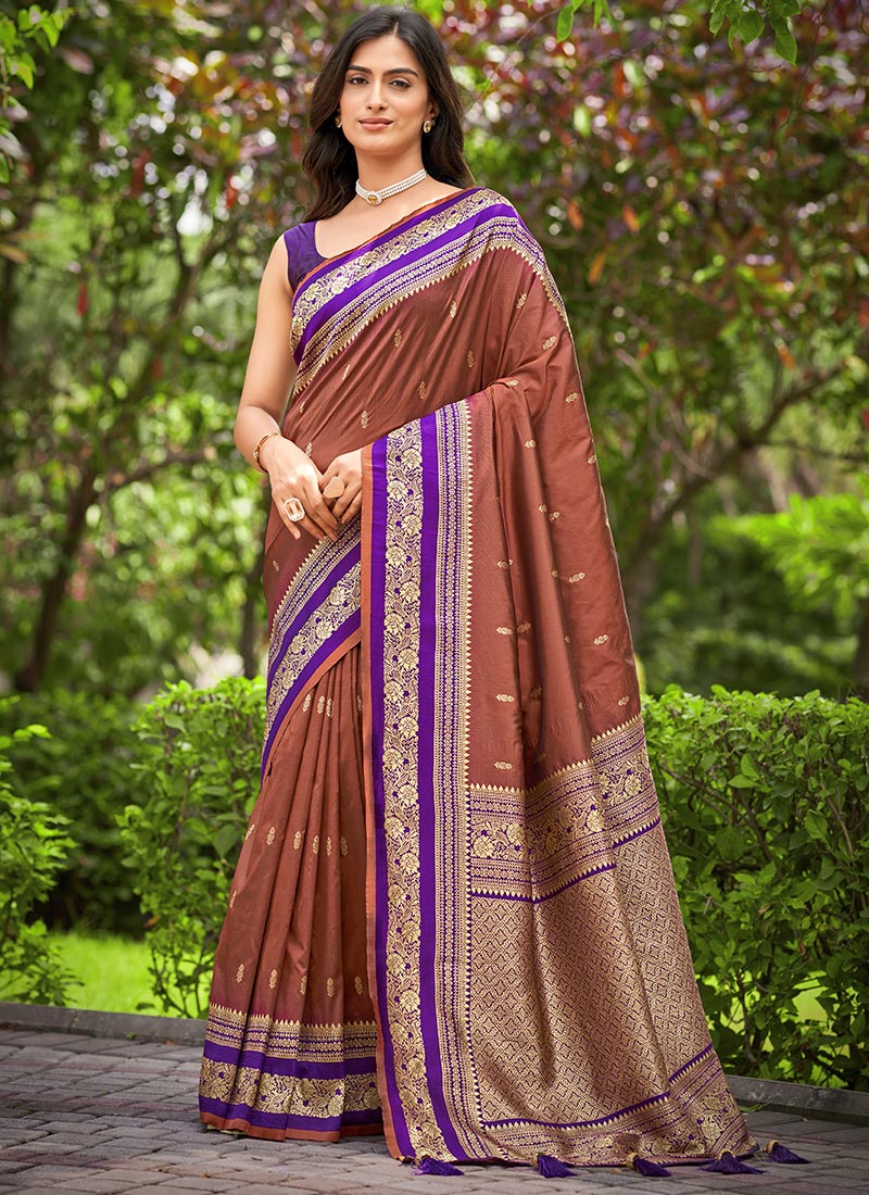Bronze Banarasi Silk Zari Woven Saree Festive Wear