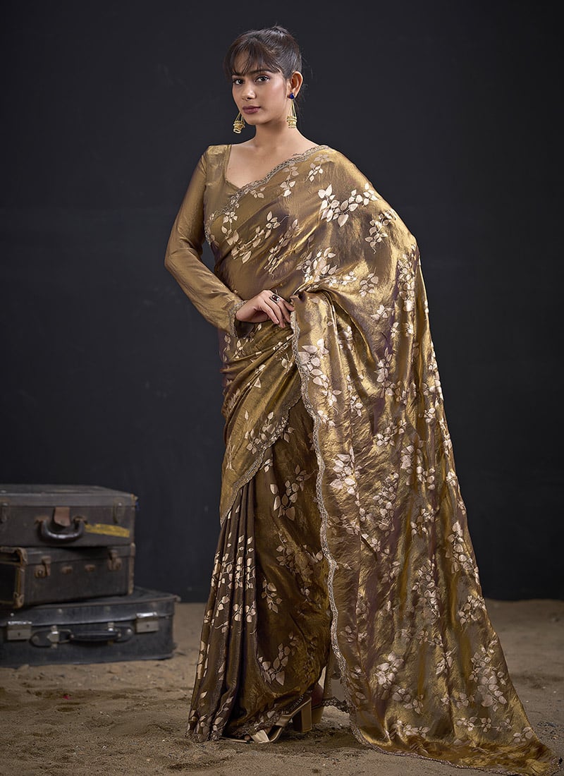 Bronze Brown Fendy Silk Foil Print Zarkan Stone Work Saree Festive Wear