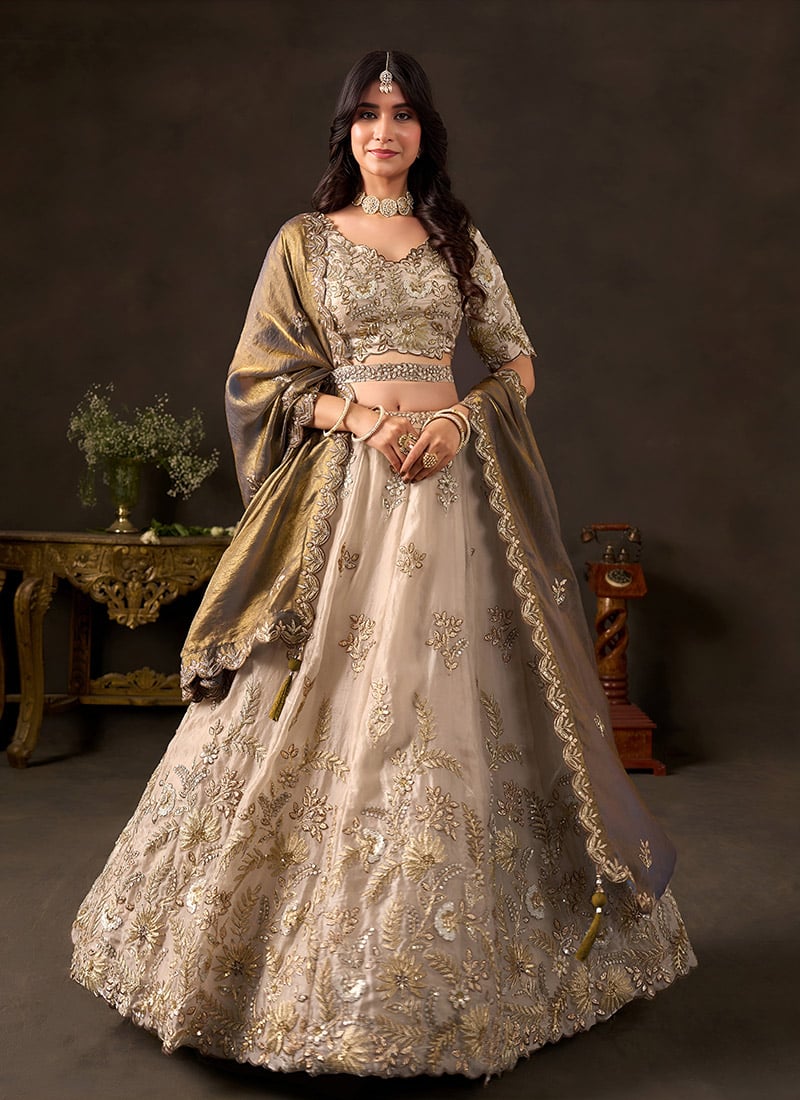Bronze Gold Fandy Silk Zari Sequins Embroidered Lehenga Wedding Wear