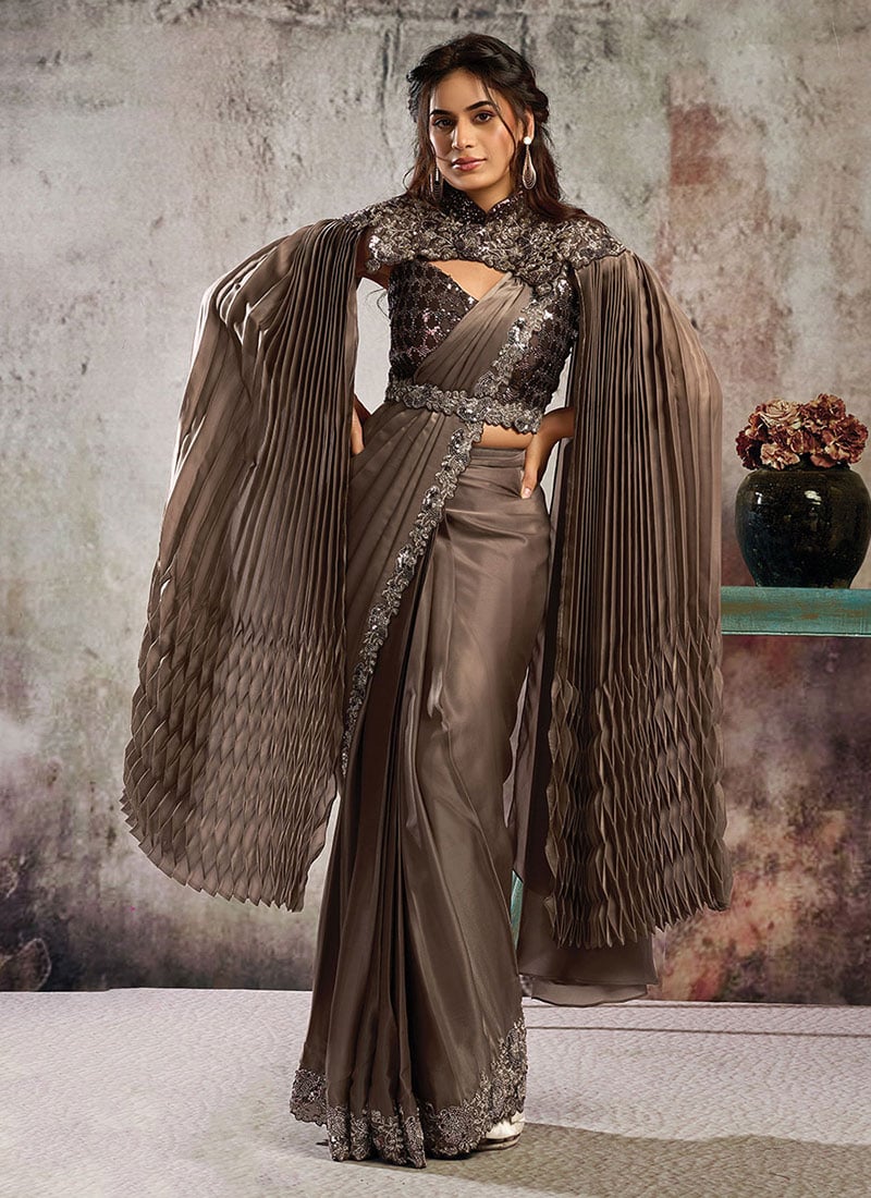 Brown Armani Satin Hand Embroidered Sequins With Beads Work Pre Draped Cap Style Saree Wedding Wear