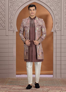 Brown Art Silk Sequins Embroidered Zari Indowestern Sherwani