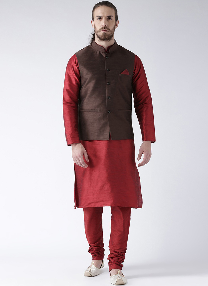 Brown Art Silk Solid stitched Nehru jacket