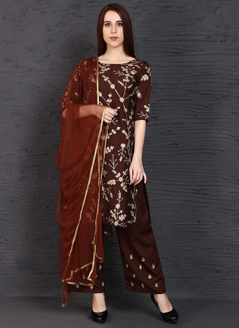 Brown Art Silk Straight Pant Suit Party Wear