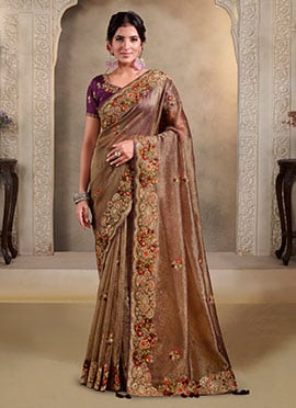 Brown Banarasi Satin Zari Hand Embroidered Sequins With Moti Work Saree