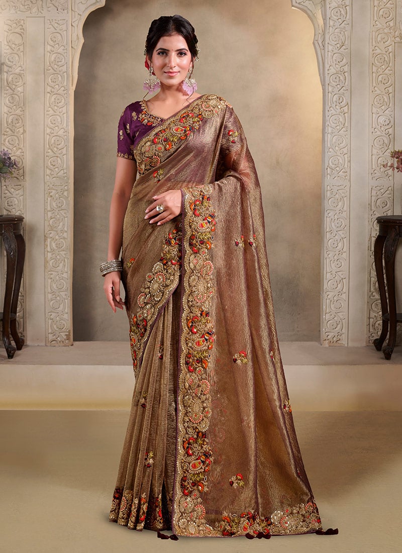 Brown Banarasi Satin Zari Hand Embroidered Sequins With Moti Work Saree Festive Wear