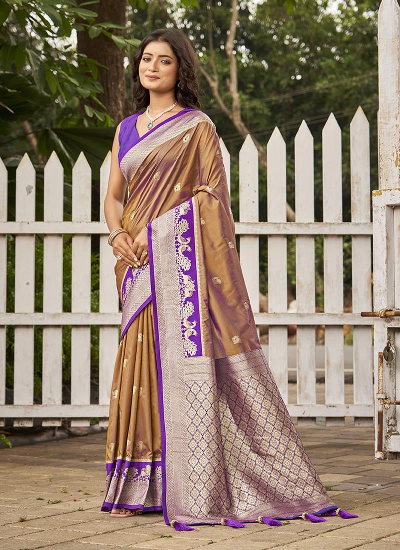 Brown Banarasi Silk Jacquard Zari Saree Festive Wear