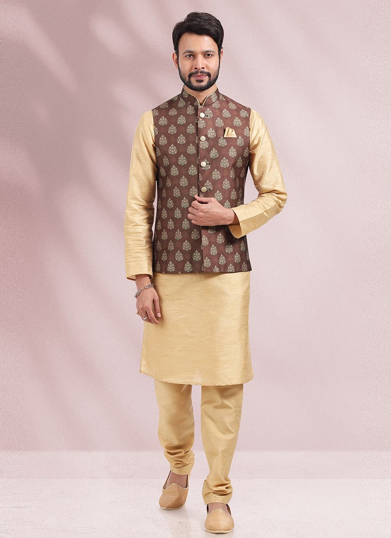 Brown Banarasi Silk Printed Bandi Set Party Wear