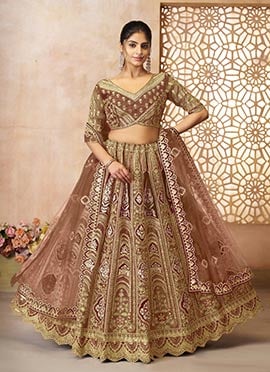 Brown Banarasi Silk Zari Embroidered Sequins With Stone Work Lehenga