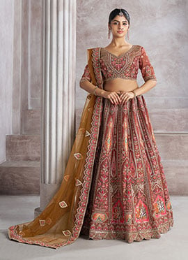 Brown Banarasi Silk Zari Embroidered Sequins With Stone Work Lehenga
