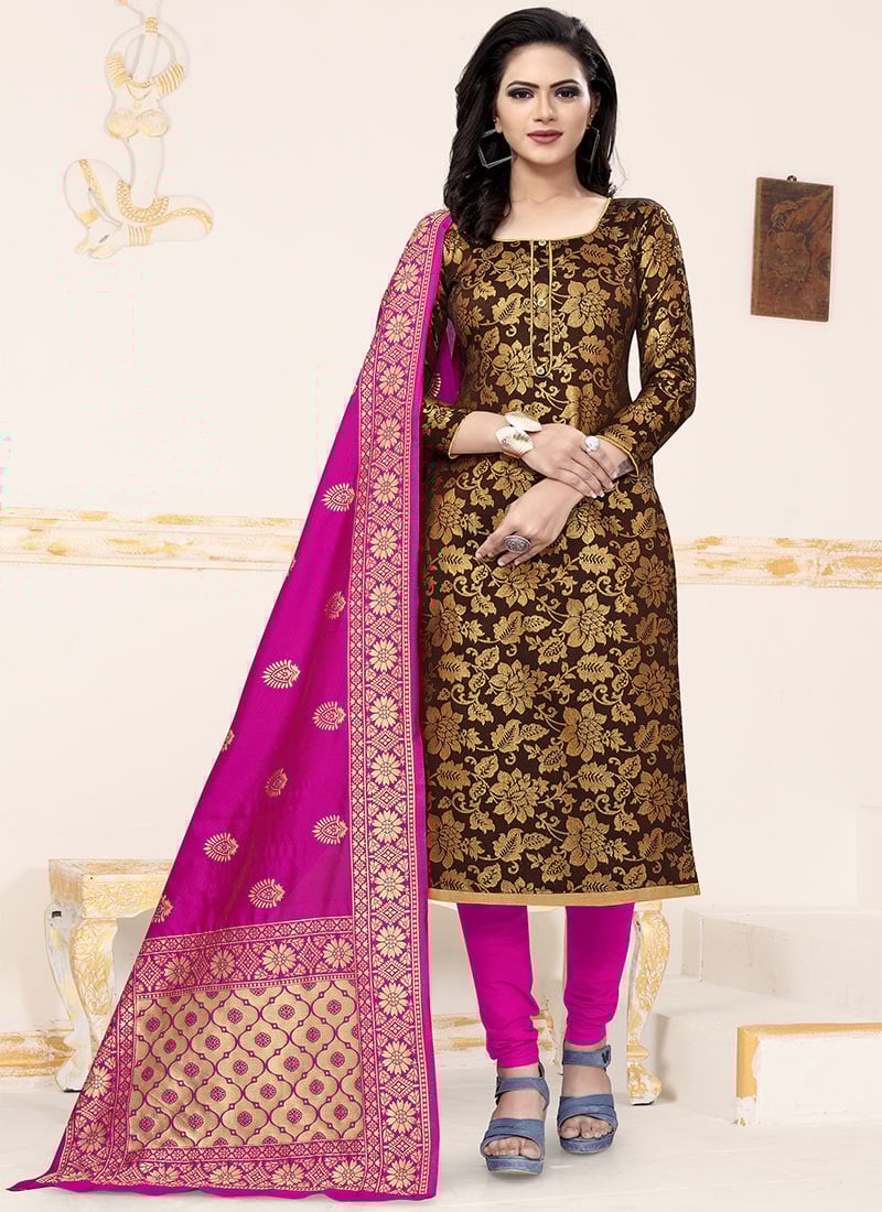 Brown Benarasi Art Silk Churidar Suit