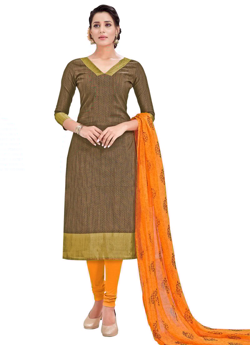 Brown Benarasi Cotton Churidar Suit Festive Wear