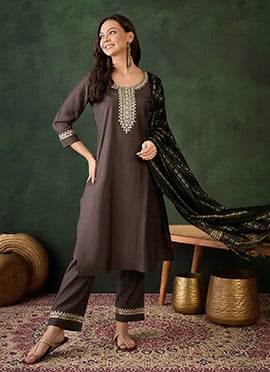 Brown Chanderi Embroidered Straight Pant Suit
