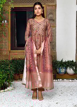 Brown Chanderi Printed Embroidered Straight Pant Suit