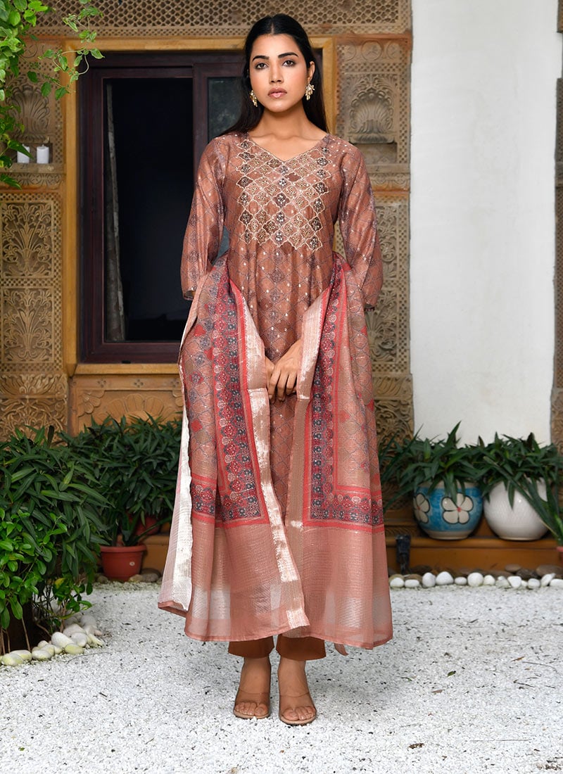 Brown Chanderi Printed Embroidered Straight Pant Suit After Six Wear