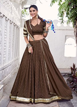 Brown Chanderi Silk Gota Patti Lace Work Umbrella Lehenga
