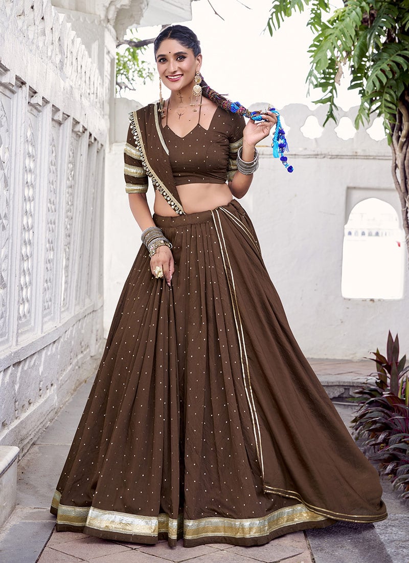 Brown Chanderi Silk Gota Patti Lace Work Umbrella Lehenga Festive Wear