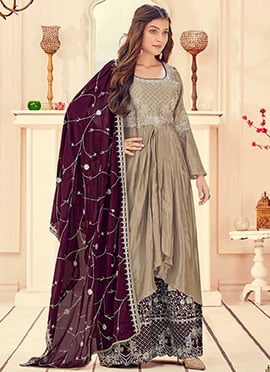 Brown Chinnon Embroidered And Stones Palazzo Suit
