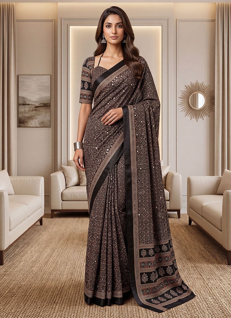 Brown Chinon Ajrak Mirror Work Saree Festive Wear