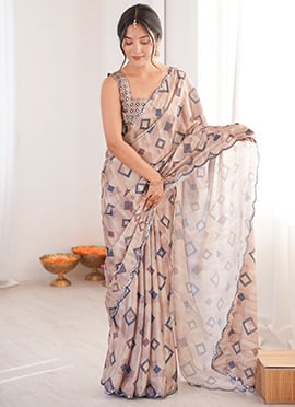 Brown Chinon Digital Print Cut Work Foil Mirror Border Saree