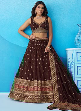 Brown Chinon Embroidered Sequins Zari Work Lehenga