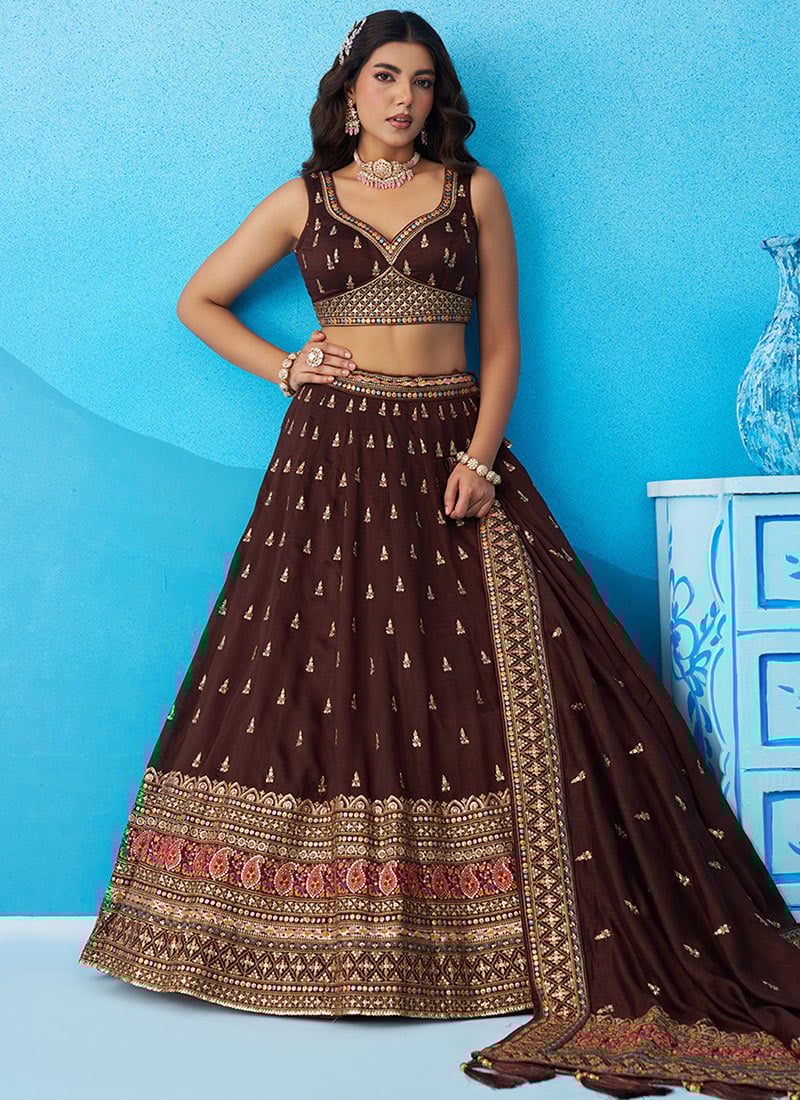 Brown Chinon Embroidered Sequins Zari Work Lehenga Wedding Wear