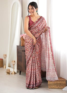 Brown Chinon Mirror Work Printed Saree