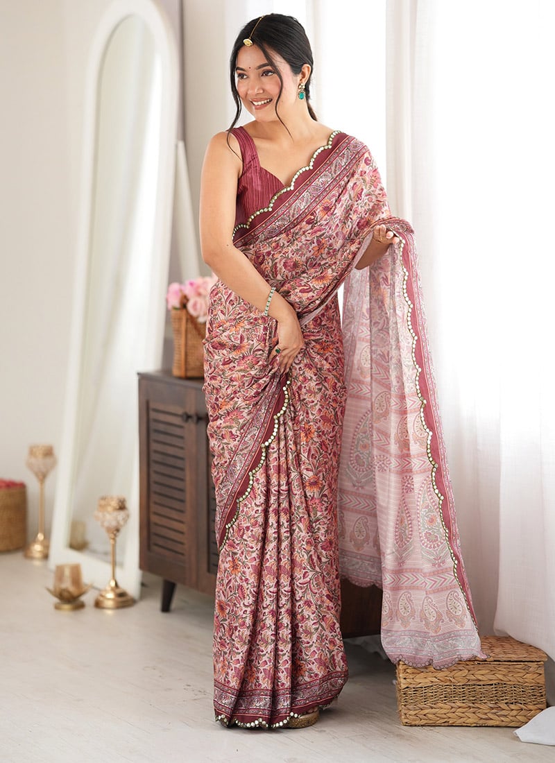 Brown Chinon Mirror Work Printed Saree After Six Wear
