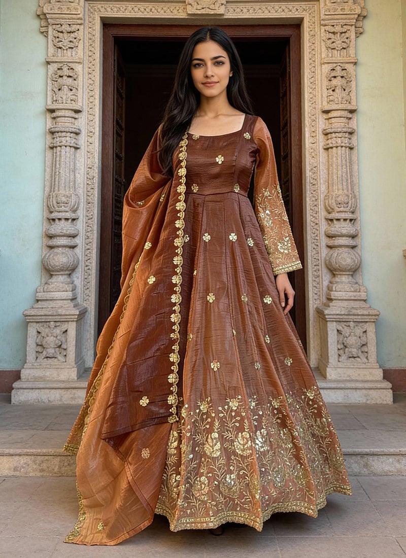 Brown Chinon Silk Sequins Zari Anarkali Suit Festive Wear