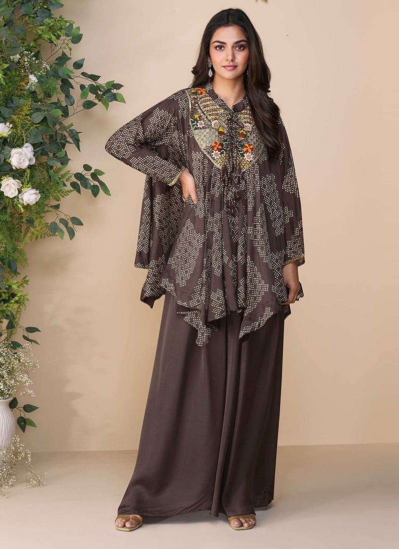 Brown Chinon Silk Zardosi Embroidered Work And Printed Indowestern Palazzo Set
