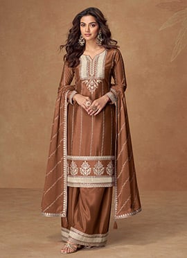 Brown Chinon Silk Zari Embroidered Sequins Palazzo Suit