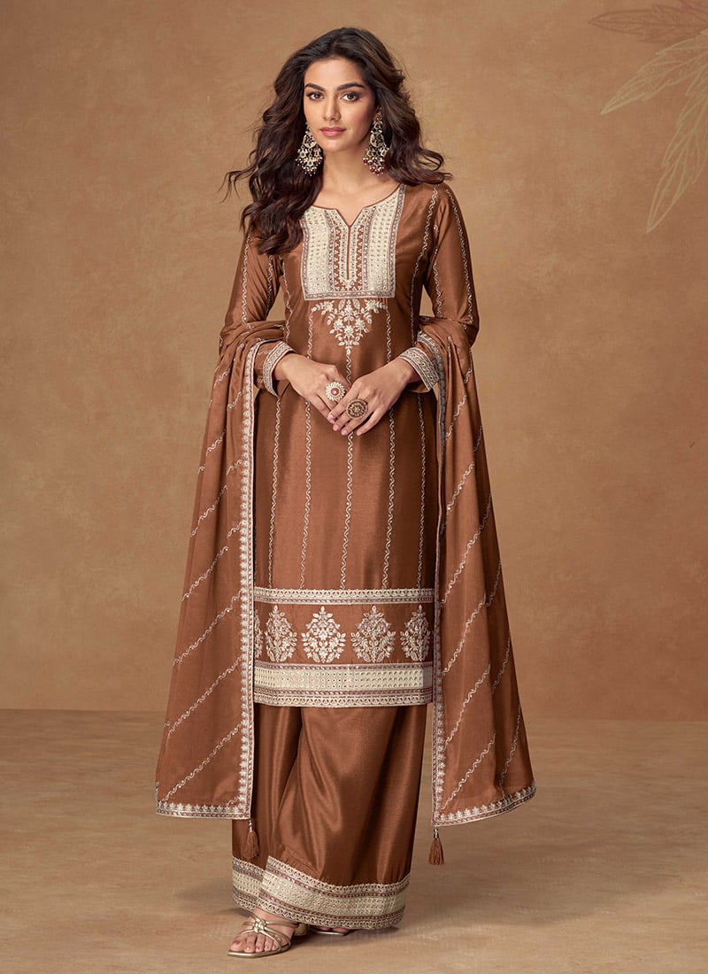 Brown Chinon Silk Zari Embroidered Sequins Palazzo Suit