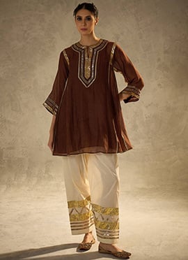 Brown Chinon Zari Work Farshi Style Salwar Suit
