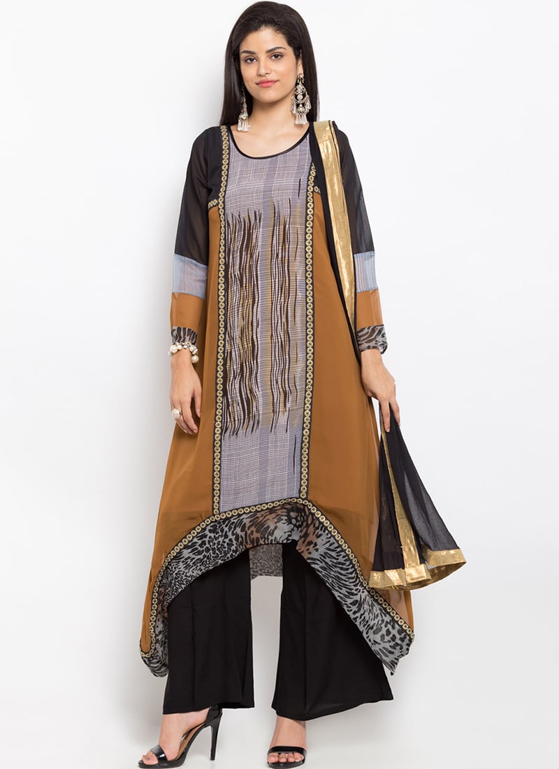 Brown Cotton Asymmetrical Palazzo Suit