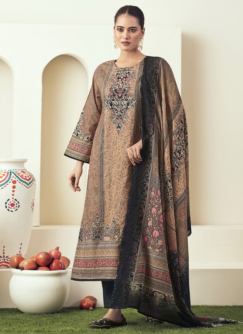 Brown Cotton Digital Print Embroidered Straight Pant Suit Festive Wear