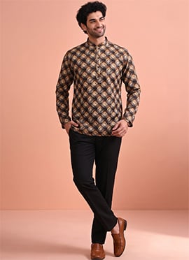 Brown Cotton Digital Print Short Kurta For Men