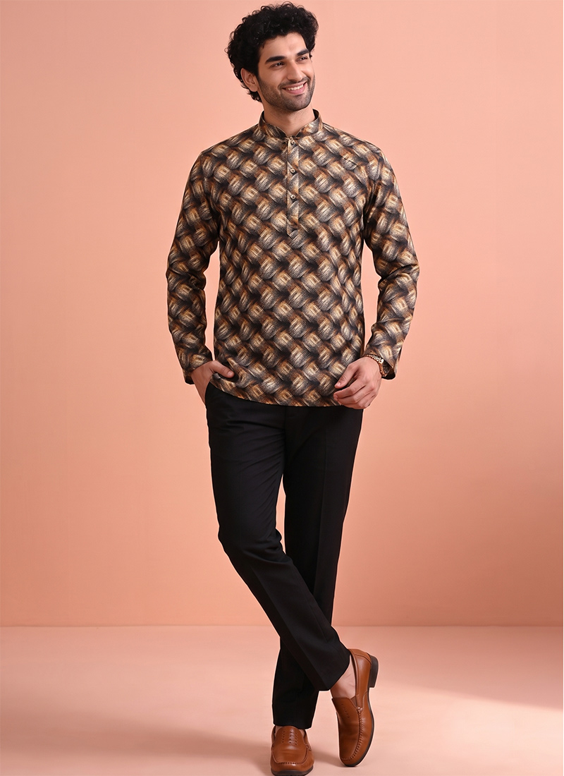 Brown Cotton Digital Print Short Kurta For Men