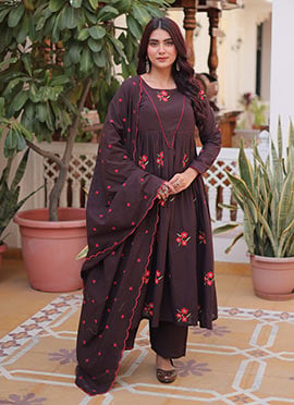 Brown Cotton Embroidered Anarkali Suit