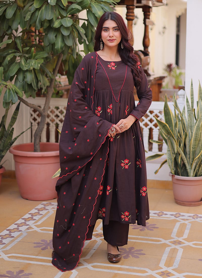 Brown Cotton Embroidered Anarkali Suit After Six Wear