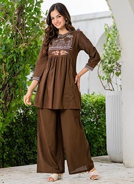 Brown Cotton Embroidered Indowestern Co ord Set