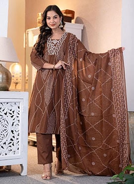 Brown Cotton Embroidered Printed Straight Pant Suit
