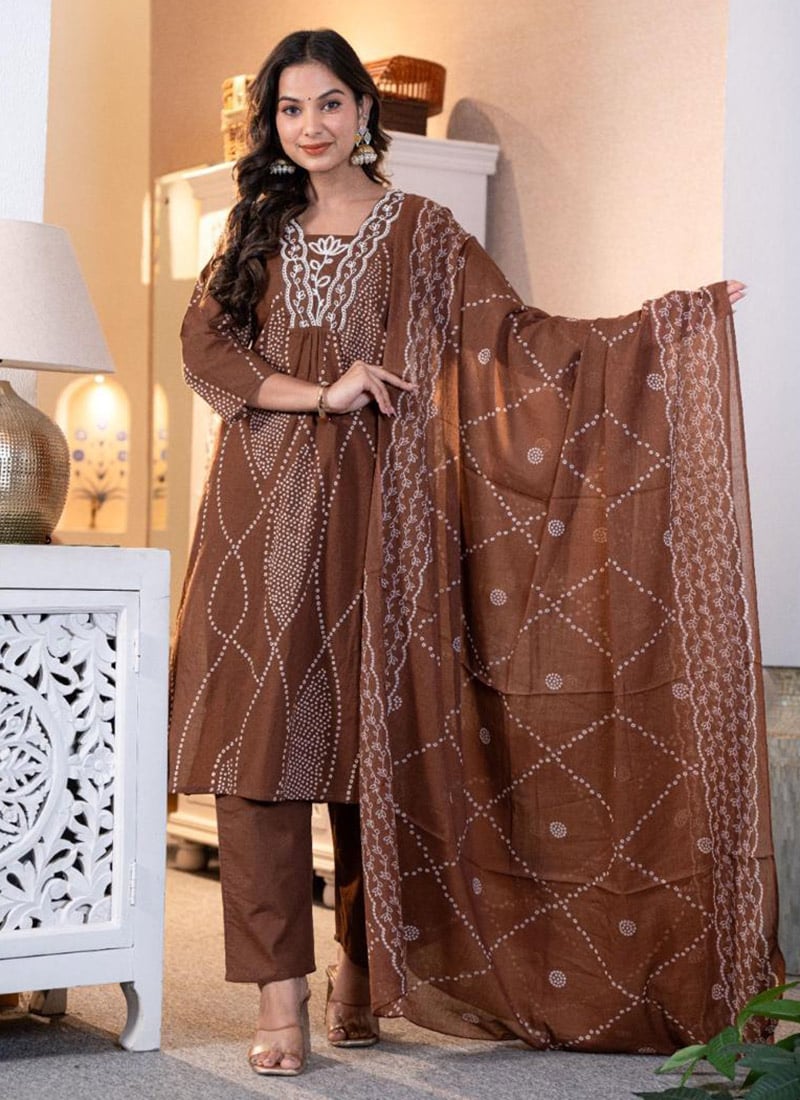 Brown Cotton Embroidered Printed Straight Pant Suit After Six Wear