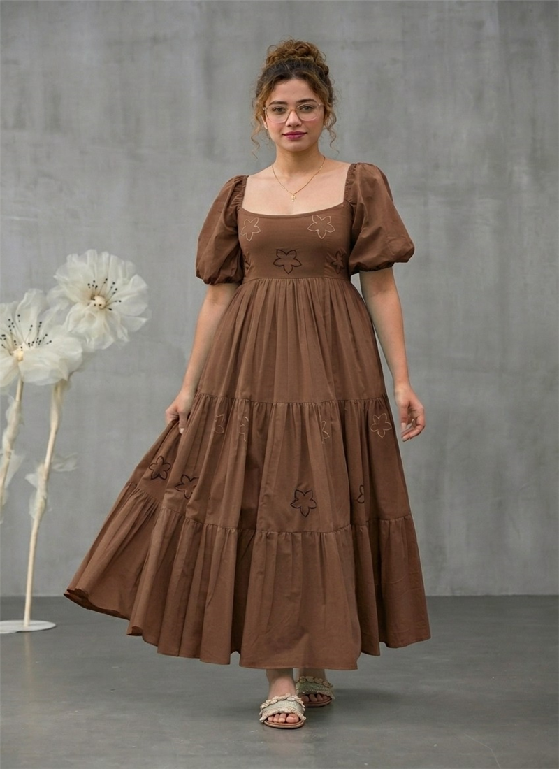 Brown Cotton Floral Embroidered Tiered Dress After Six Wear
