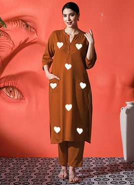 Brown Cotton Heart Print Kurta Straight Pant Set