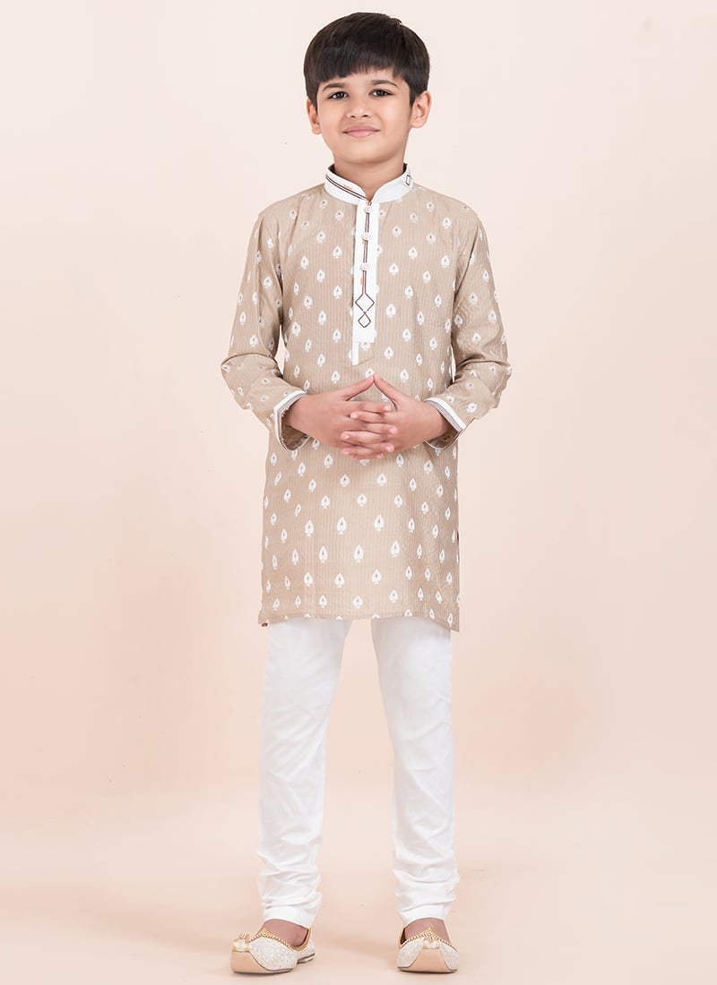 Brown Cotton Jacquard Kids Boys Kurta Pyjama