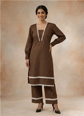 Brown Cotton Lace Detailed Kurta Pant Set