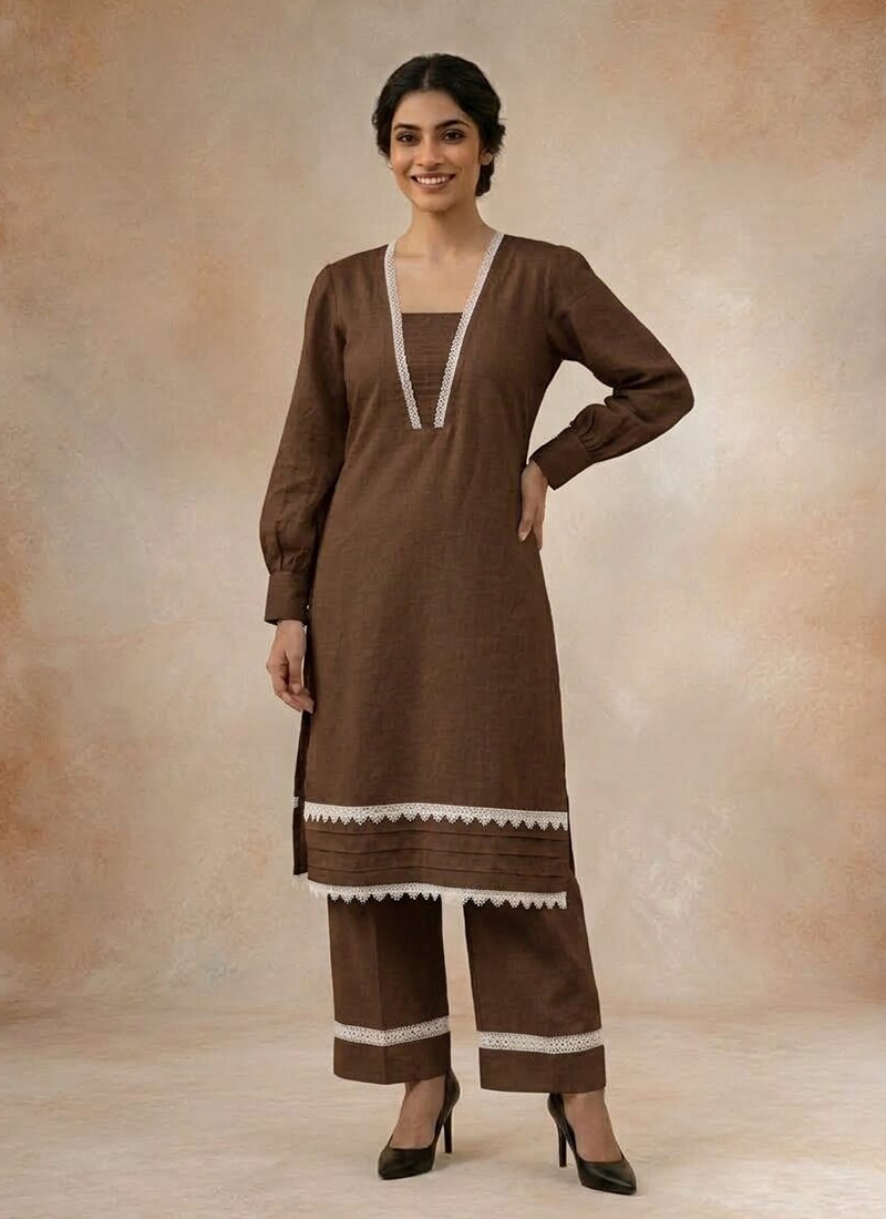 Brown Cotton Lace Detailed Kurta Pant Set Festive Wear