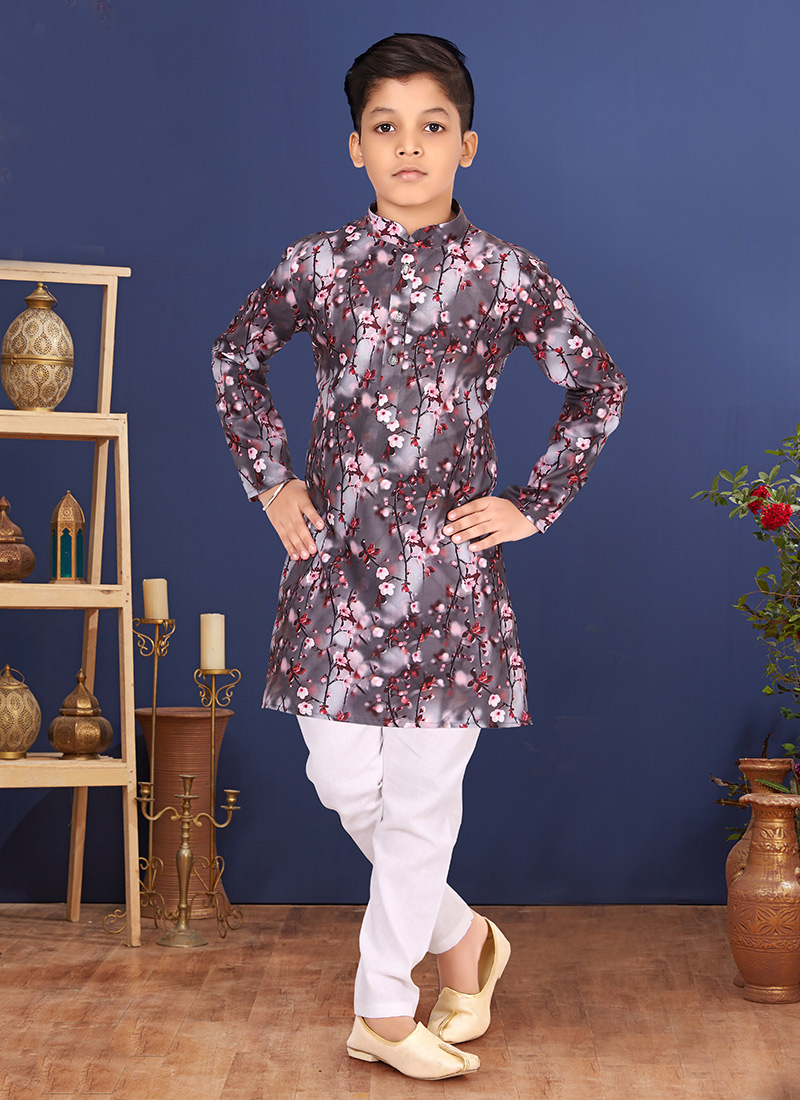 Brown Cotton Printed Boys Kurta Pyjama