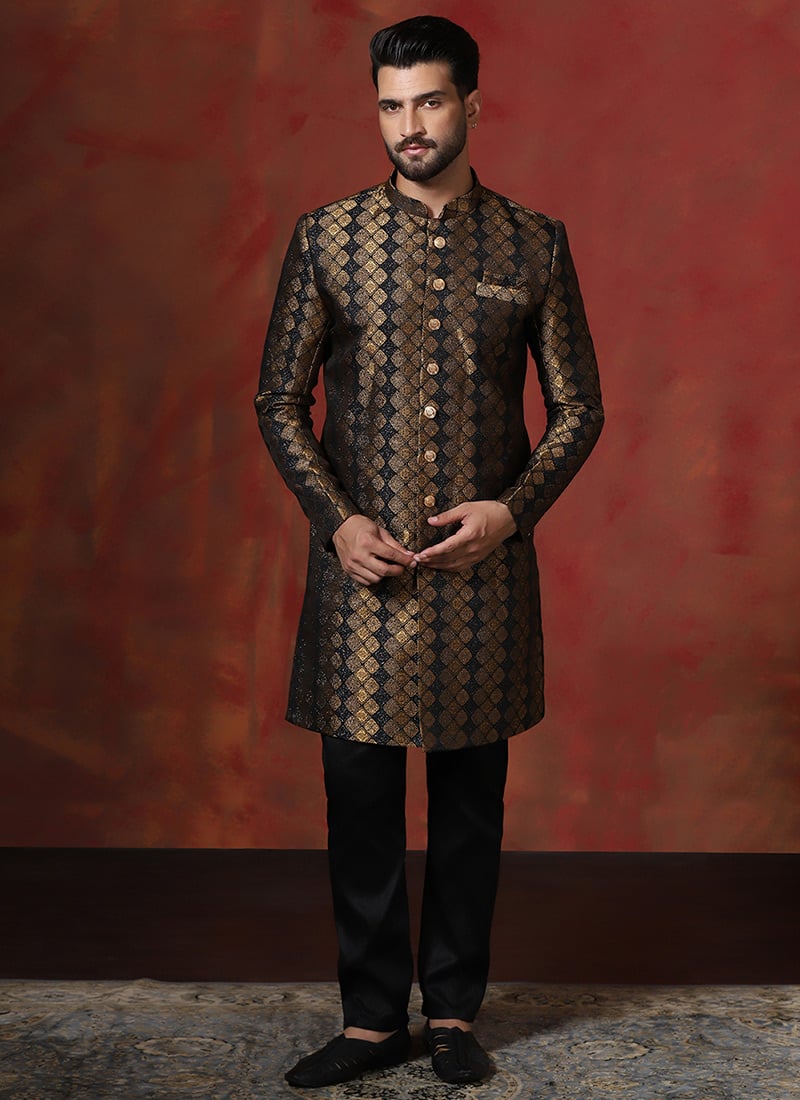 Brown Cotton Printed Classic Indowestern Sherwani Set Wedding Wear