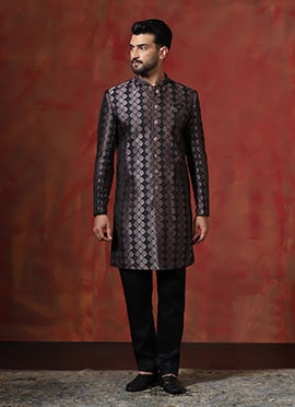 Brown Cotton Printed Indowestern Sherwani Set