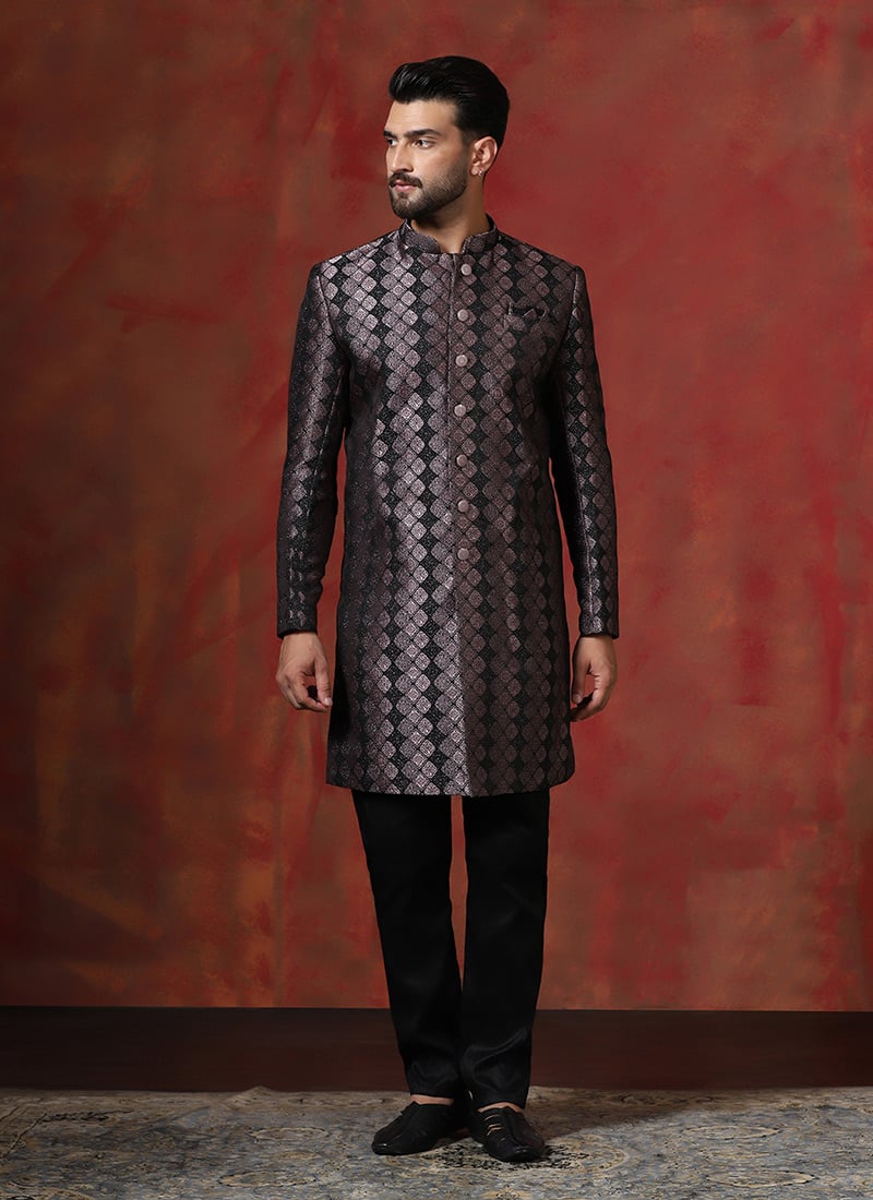 Brown Cotton Printed Indowestern Sherwani Set Wedding Wear